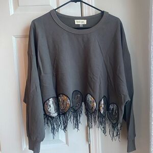 Peach Love Grey Fringe Sweater Size Small